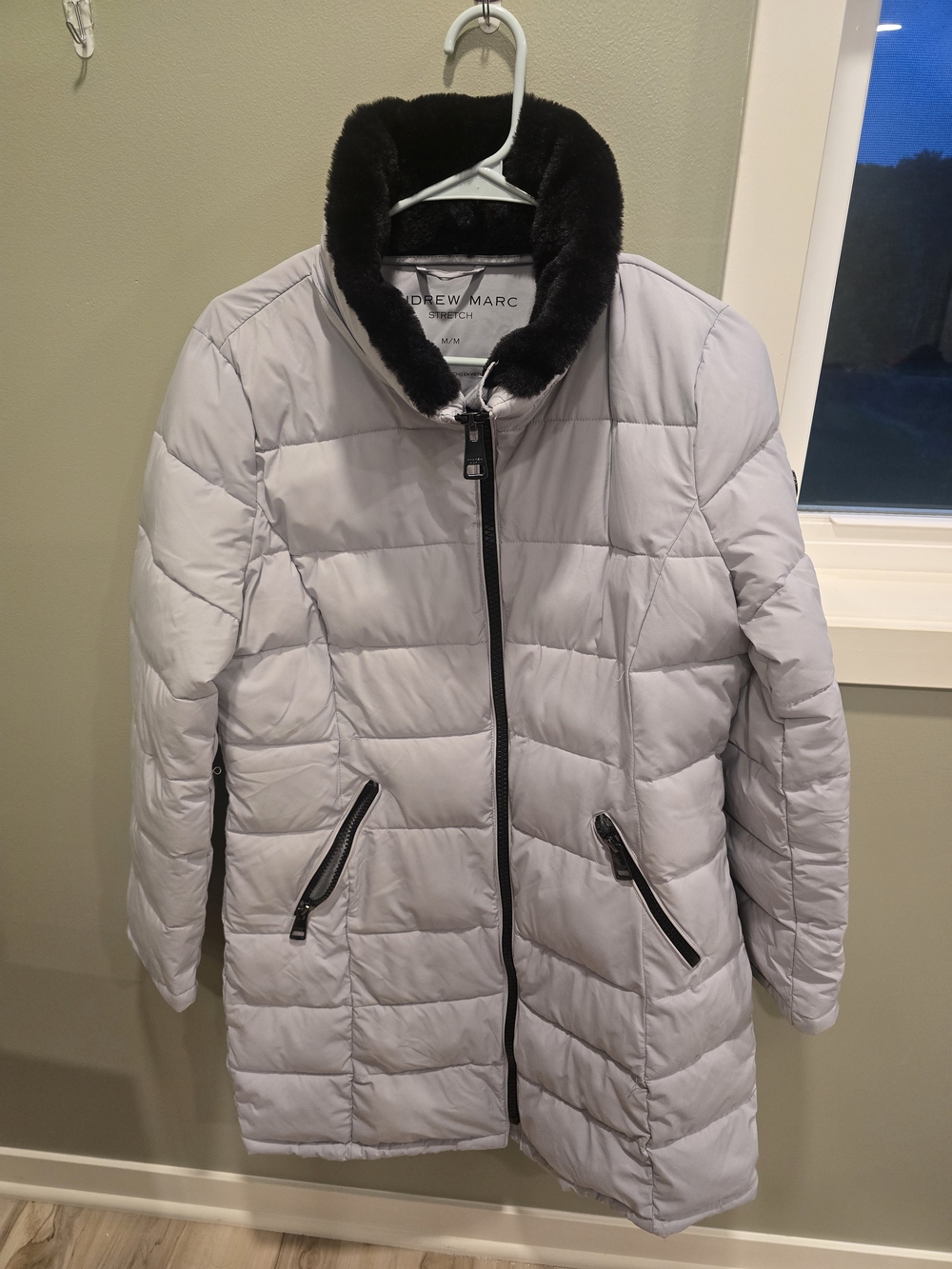 Andrew Marc Gray Quilted Puffer Coat with Black Faux Fur Collar